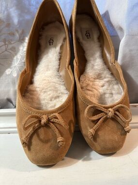 UGG Chestnut Suede Shearling Ballet Flats with Bow
